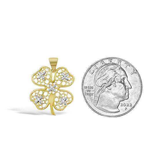 Four Leaf Clover Pendant 14K Yellow White Gold Lucky Charm - Picture 2 of 3